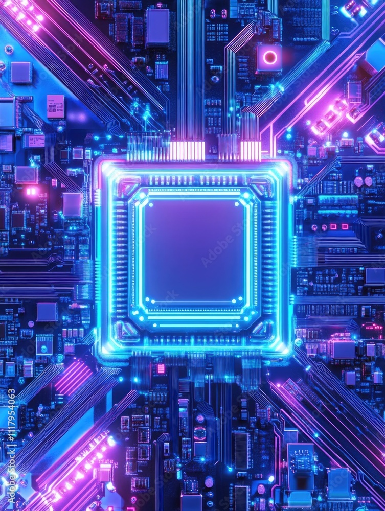 Fototapeta premium Vividly lit circuit board with semiconductor at center.