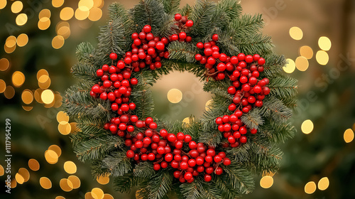 Christmas wreath made of fresh fir branches with clusters of red viburnum berries