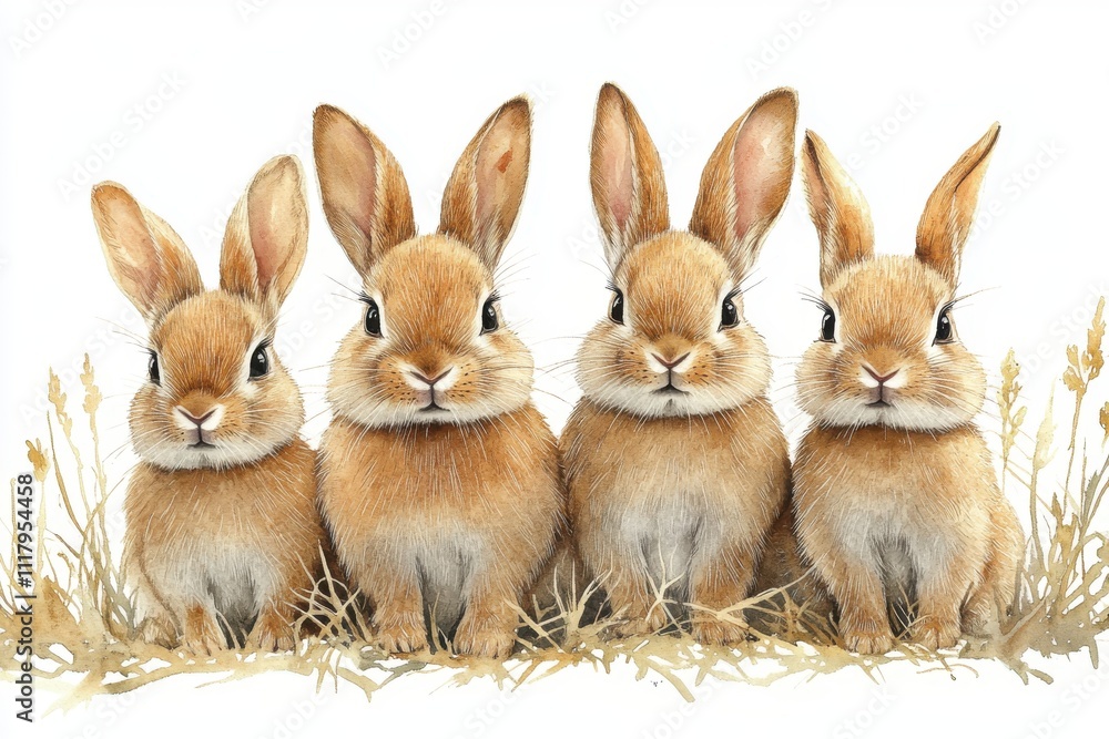 Fototapeta premium Four cute rabbits sitting together in a field of grass.