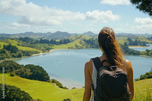 Young caucasian female hiker enjoying scenic lakeside view with lush green hills