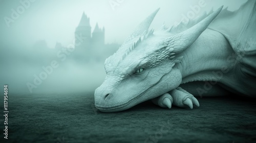 Mystical White Dragon Resting on Misty Ground with Enchanted Castle in Background