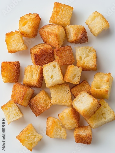 Crispy Golden Brown Croutons on White Table - Photorealistic Food Styling