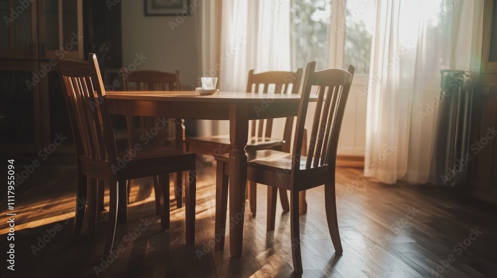 A warm, inviting dining area with a wooden table and chairs, softly lit by natural light. A warm, inviting dining area with a wooden table and chairs, softly lit by natural light.