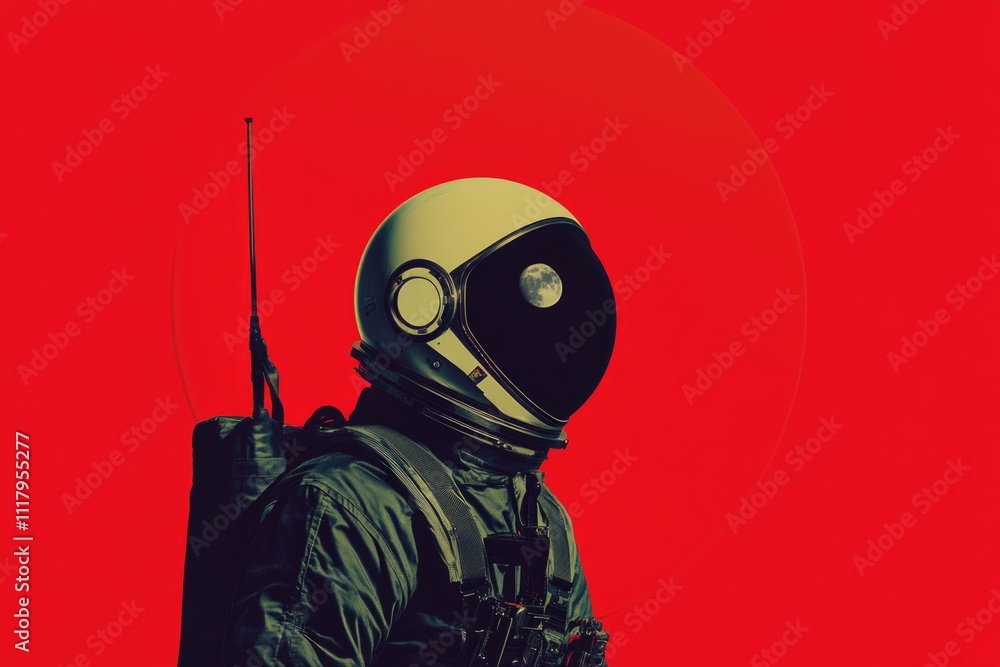Man in a space suit is standing in front of a red background. The man is holding a radio and a gun. The image has a futuristic and sci-fi vibe to it Man in a space suit is standing in front of a red background. The man is holding a radio and a gun. The image has a futuristic and sci-fi vibe to it