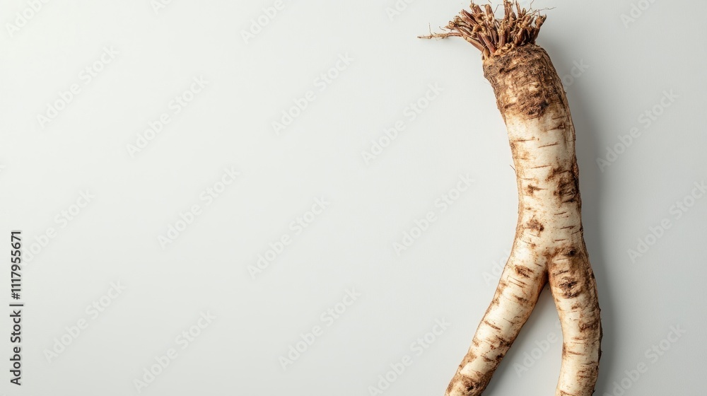 A single piece of horseradish root on a light background. A single piece of horseradish root on a light background.