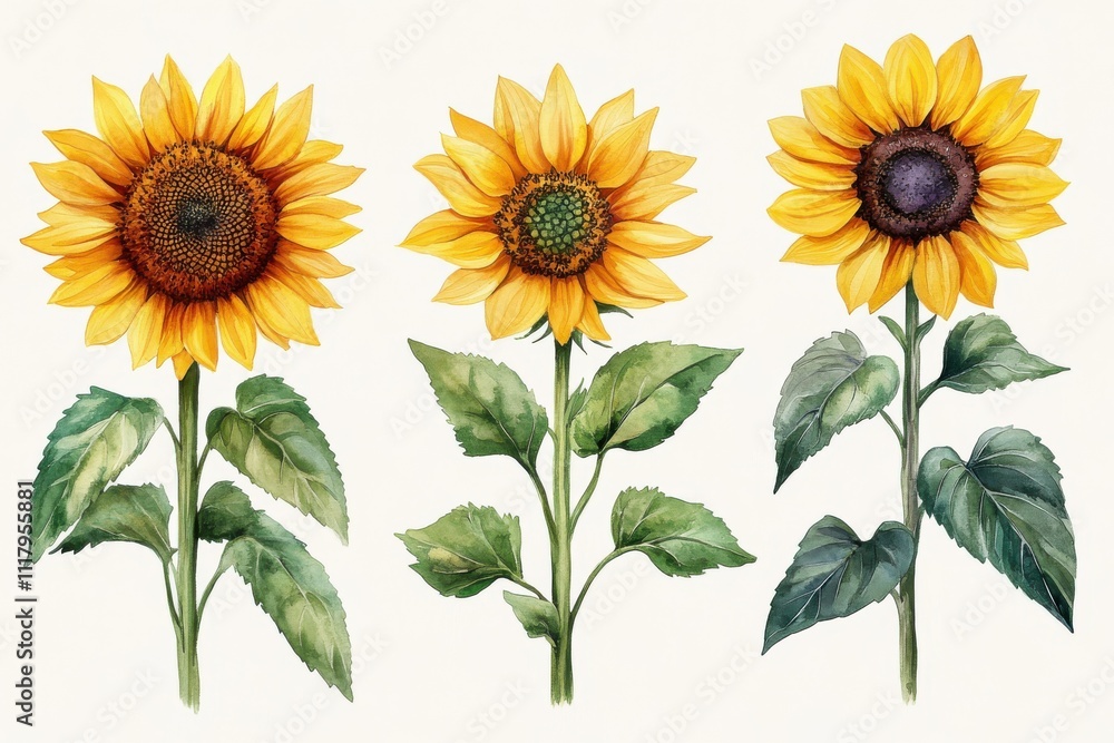 Obraz premium Three vibrant sunflowers with green leaves on a light background.