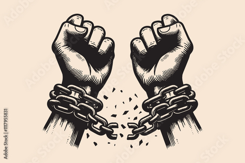 Hands breaking chains. Vintage black vector engraving illustration, emblem, tattoo sketch, print. Cut out, isolated.	