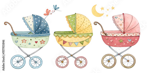baby carriage stroller set  watercolor sketch illustration
