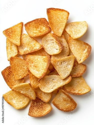 Artistic Spiral Pattern of Toasted Bread Chips on White Background