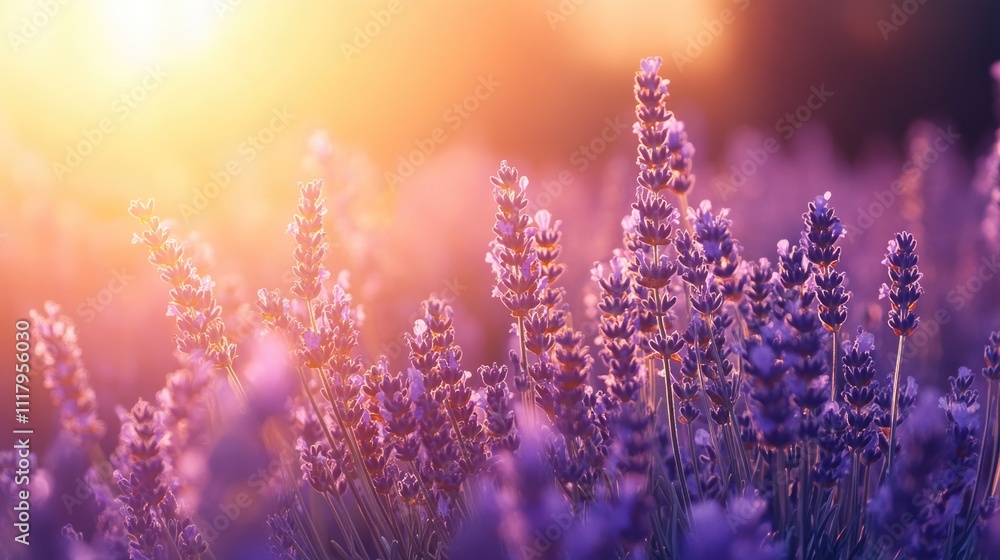 Naklejka premium Vibrant purple flowers of lavender plants with sun rays casting soft shadows.