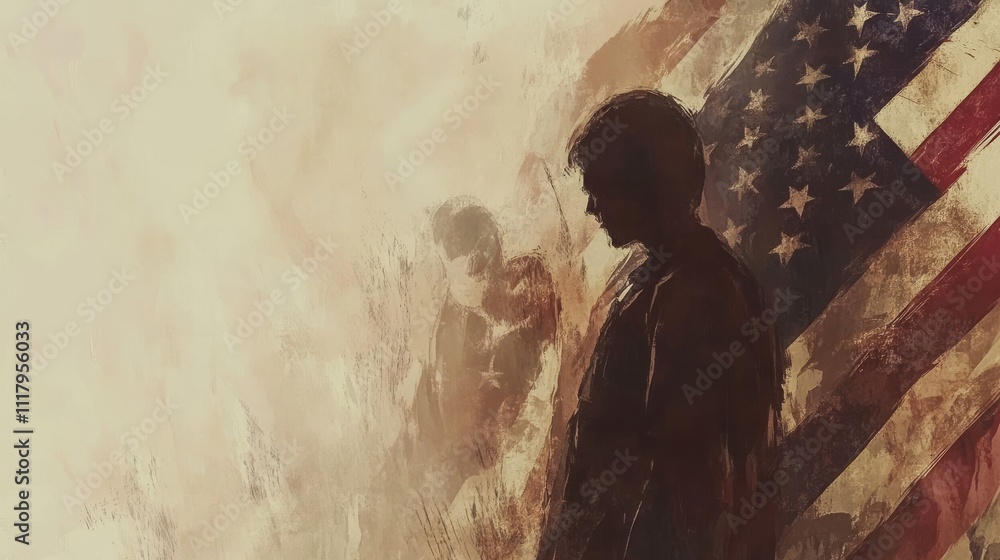 Obraz premium Soldier silhouetted against American flag, somber brushstrokes.
