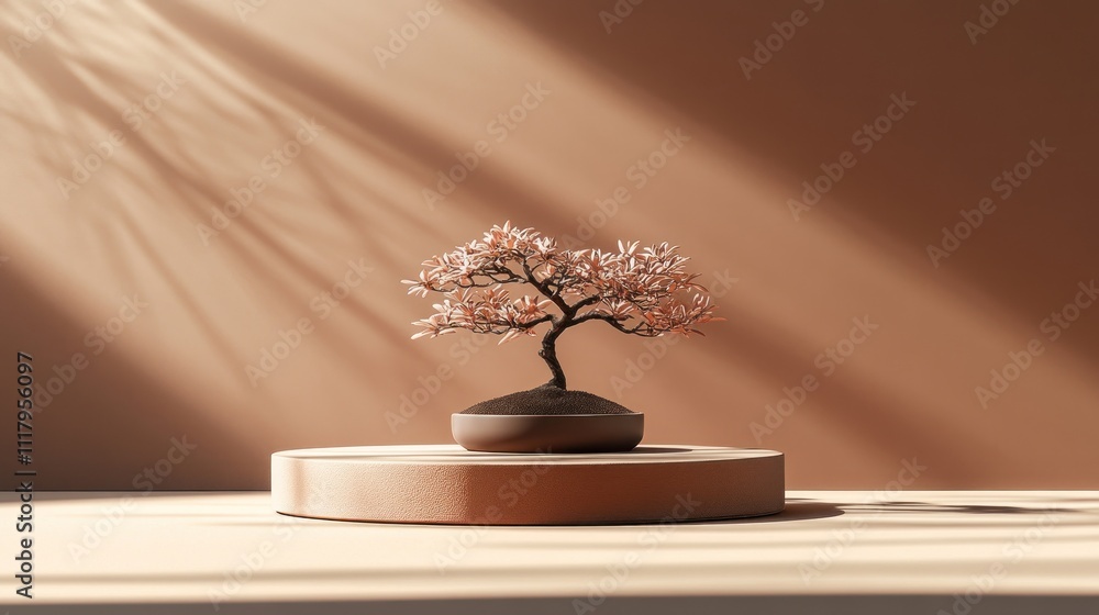 A small, delicate bonsai tree displayed on a circular pedestal with soft lighting. A small, delicate bonsai tree displayed on a circular pedestal with soft lighting.
