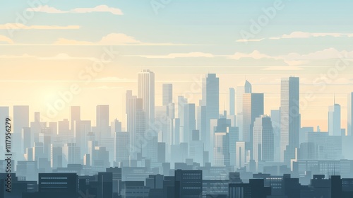 A serene city skyline at sunrise, showcasing modern buildings against a colorful sky.