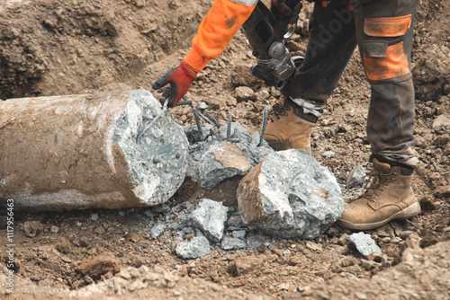 Construction worker preparing concrete pile for foundation works photo