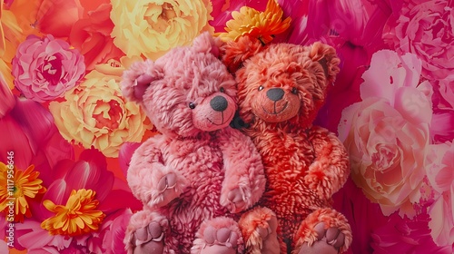 Situated on a vibrant pink and vibrant orange backdrop are two teddy bears holding each other