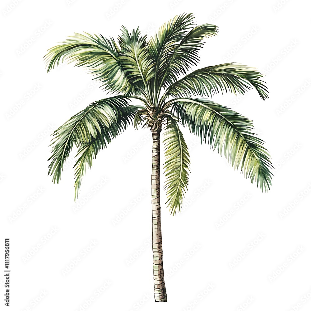 Obraz premium Cartoon coconut tree with detailed leaves on a white background