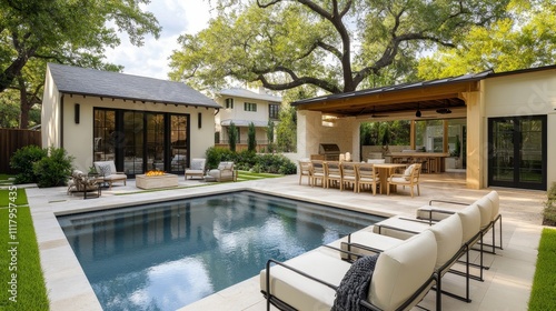 A serene backyard featuring a pool, outdoor dining area, and lush greenery for relaxation. photo