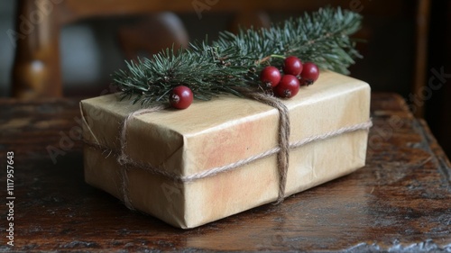 Rustic Gift Box Adorned with Pine Sprigs and Red Berries