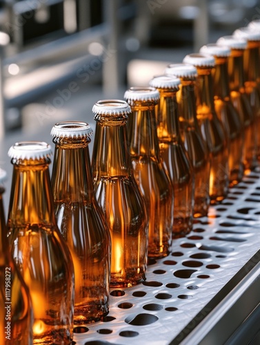 Row of brown bottles on a conveyor belt. The bottles are all the same color and have a similar shape