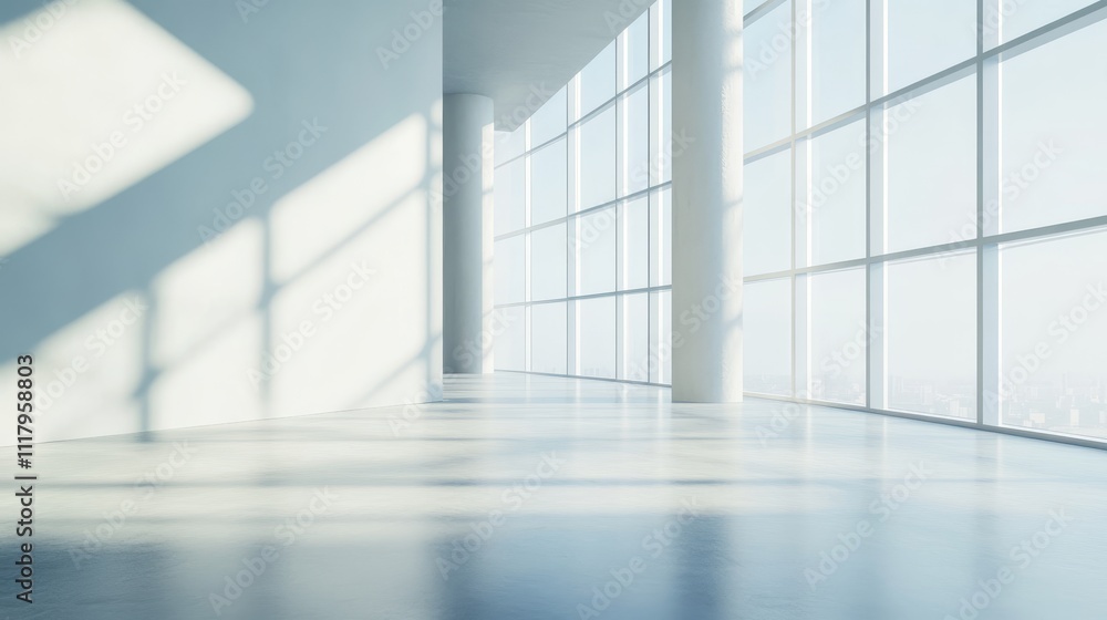 Fototapeta premium A spacious, modern interior with large windows allowing natural light to fill the room.