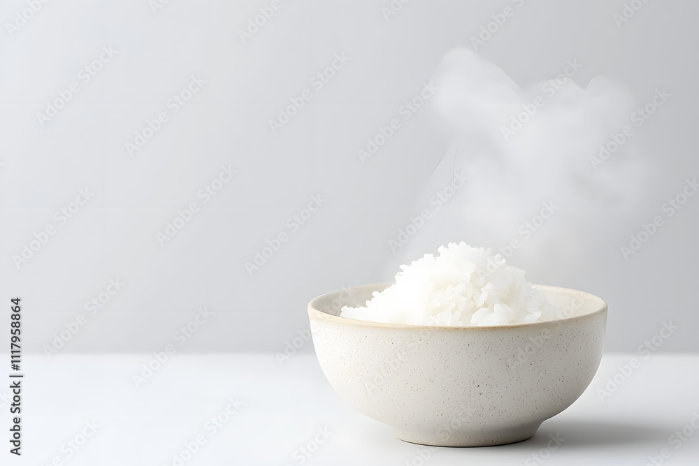 Hot cooked rice in bowl on white background. Cooked rice with steam Hot cooked rice in bowl on white background. Cooked rice with steam