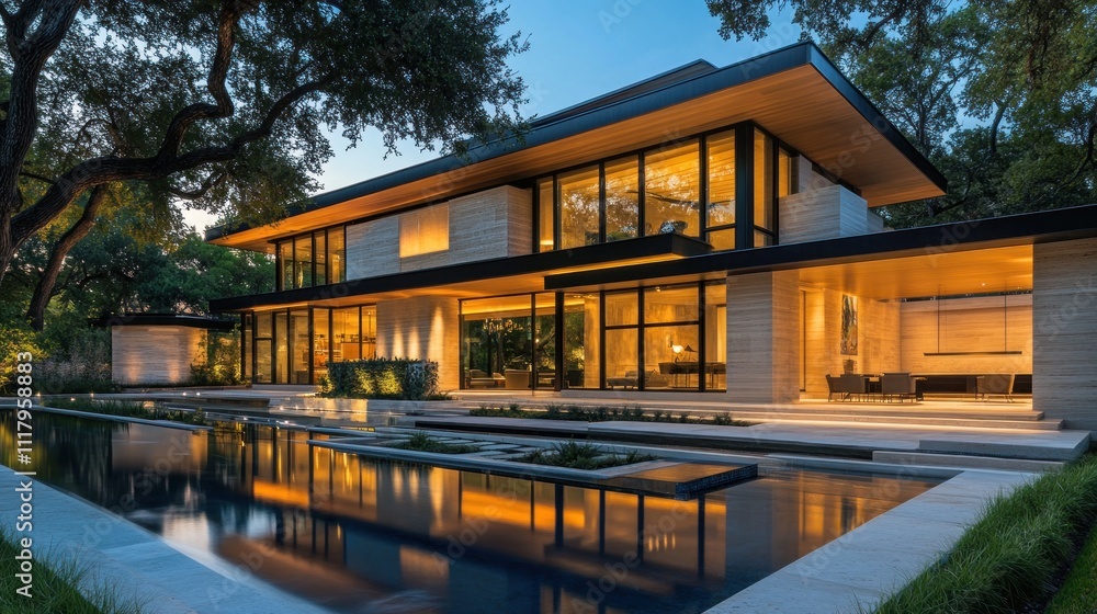 Fototapeta premium Modern Luxury Home with Infinity Pool at Dusk