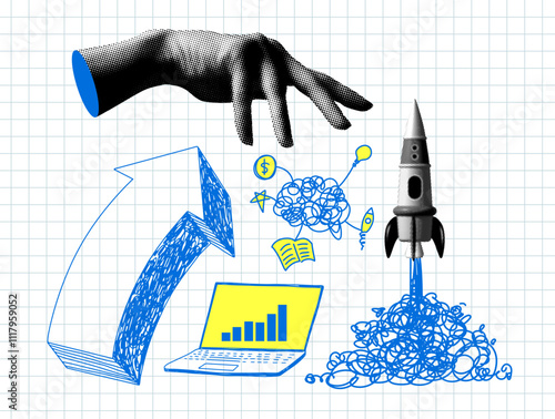 Modern collage with halftone hand controlling business processes. Leadership concept. Startup concept with arrow up, rocket, laptop with sales chart. Elements from newspaper