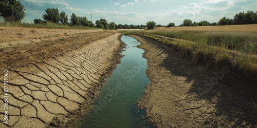 An arid, cracked earth riverbed during a dry season. photo