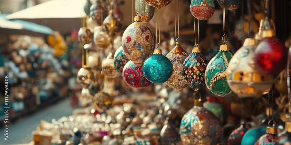 Naklejka premium Ornaments with various festive colors and designs, on display for sale.
