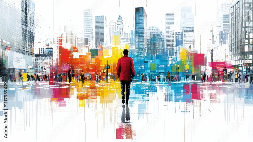 Fototapeta premium Abstract Cityscape with Man Walking Away