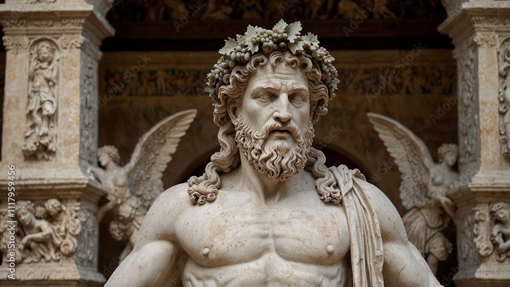 Statue of Dionysus, the god of revelry, holding grapevines and a wine cup in both hands, surrounded by joyful dancers and festive scenes, with a backdrop of vineyards and feasts, with carvings depicti Statue of Dionysus, the god of revelry, holding grapevines and a wine cup in both hands, surrounded by joyful dancers and festive scenes, with a backdrop of vineyards and feasts, with carvings depicti