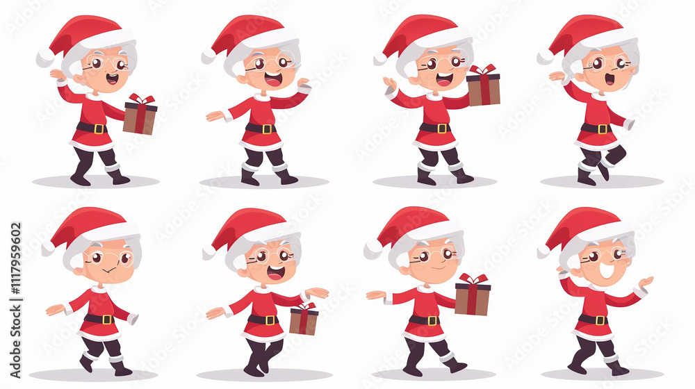 Mrs claus christmas characters set design. Christmas mrs claus character collection in cute singing, holding gift box and happy face smiling Mrs claus christmas characters set design. Christmas mrs claus character collection in cute singing, holding gift box and happy face smiling