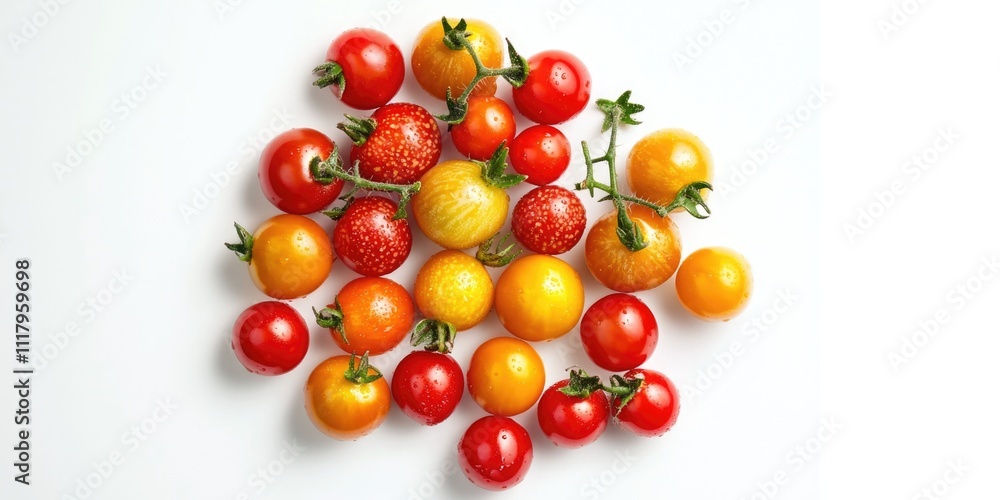 Bunch of red and orange tomatoes are sitting on a white background. The tomatoes are arranged in a way that they are overlapping each other, creating a sense of depth and texture Bunch of red and orange tomatoes are sitting on a white background. The tomatoes are arranged in a way that they are overlapping each other, creating a sense of depth and texture