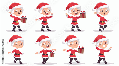 Mrs claus christmas characters set design. Christmas mrs claus character collection in cute singing, holding gift box and happy face smiling