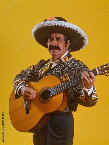 A man in traditional Mexican attire, playing a guitar. photo