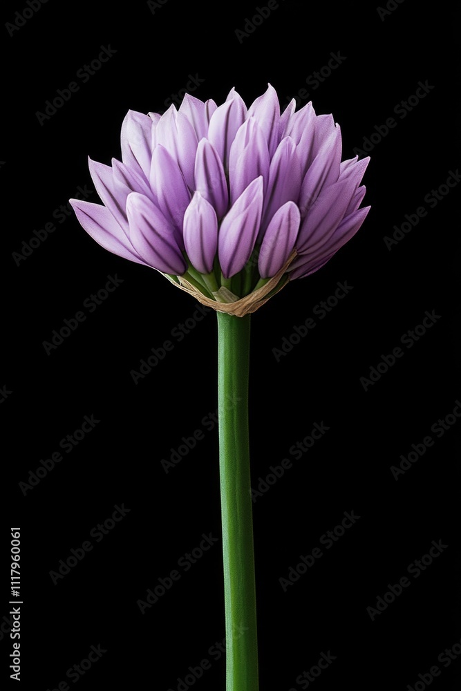 A single garlic bulb on a green stem. A single garlic bulb on a green stem.