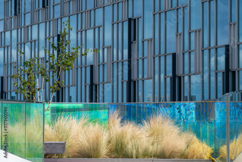 A vibrant scene of lush greenery and flowing grasses set against colorful modern glass buildings reflects the symbiotic relationship between urban life and nature in London UK photo