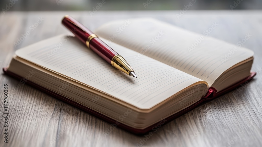 Open Notebook with Golden Pen on Wooden Table Surface Open Notebook with Golden Pen on Wooden Table Surface