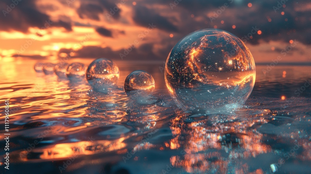 A serene sunset scene featuring floating bubbles reflecting light on water. A serene sunset scene featuring floating bubbles reflecting light on water.