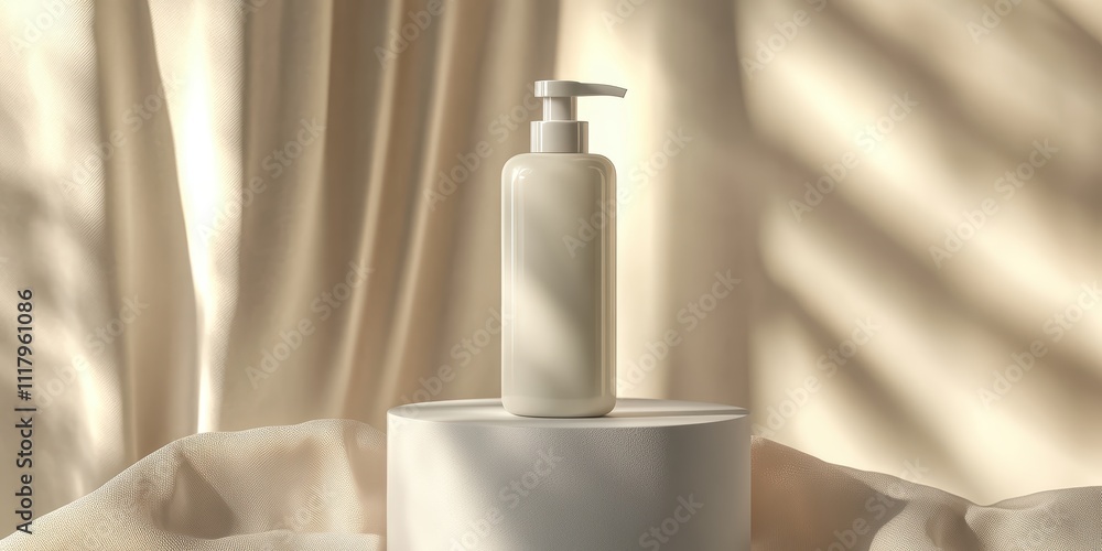 Elegant White Cosmetic Bottle on Pedestal with Soft Fabric Background Elegant White Cosmetic Bottle on Pedestal with Soft Fabric Background