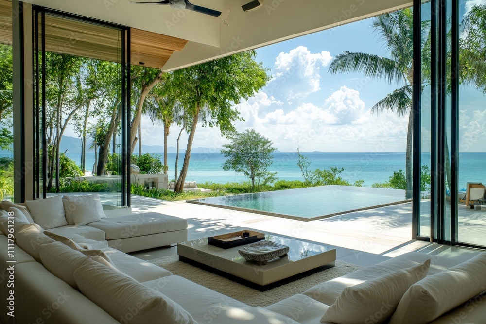 Fototapeta premium An elegant villa interior showcases a spacious white sofa with panoramic windows opening to a lush beachfront scene and an inviting infinity pool under clear skies.