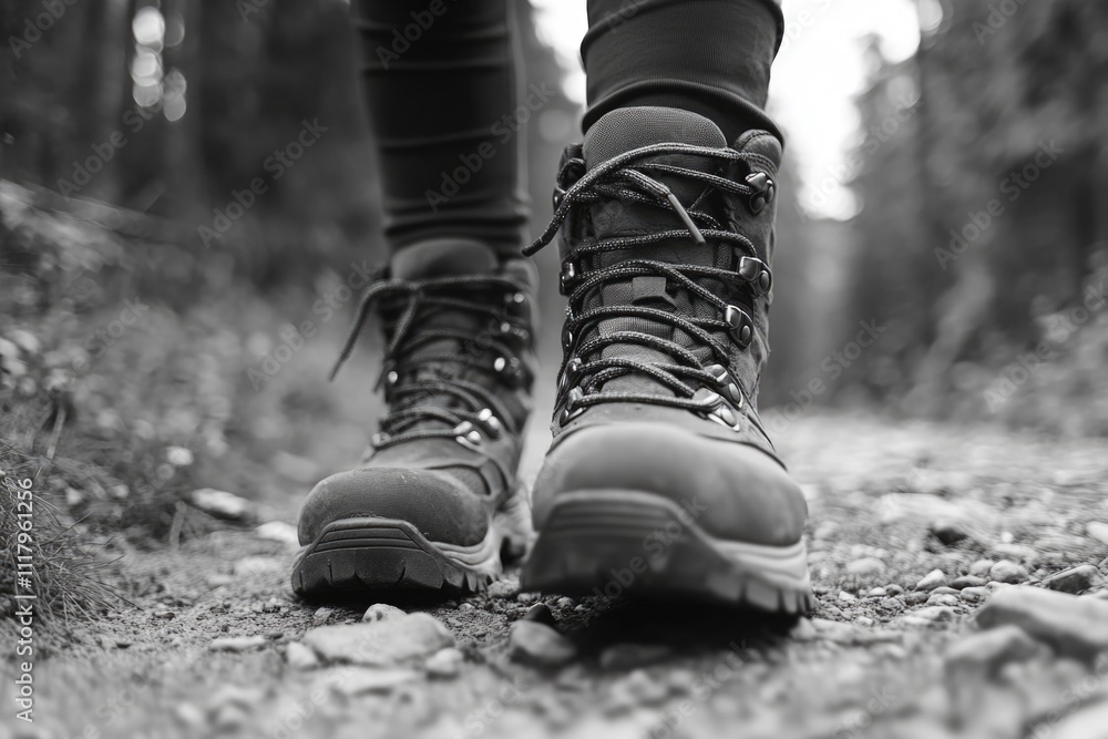 Reflection of a pair of hiking boots on trail surface, symbolizing outdoor activities and adventures. Reflection of a pair of hiking boots on trail surface, symbolizing outdoor activities and adventures.