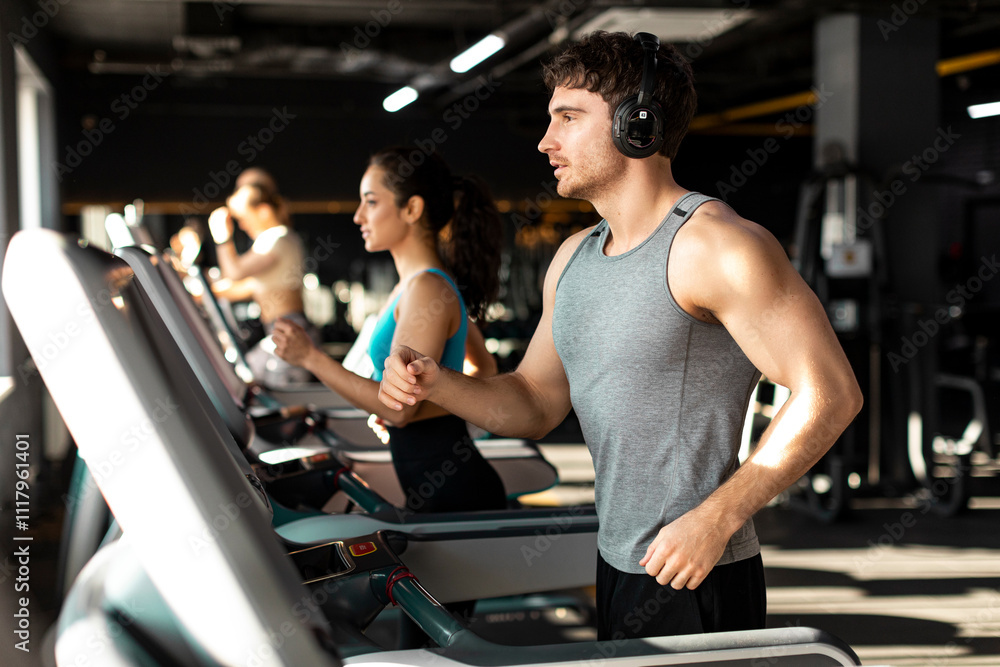 Young European muscular man running on treadmill and listening music, doing cardio workout in modern gym Young European muscular man running on treadmill and listening music, doing cardio workout in modern gym