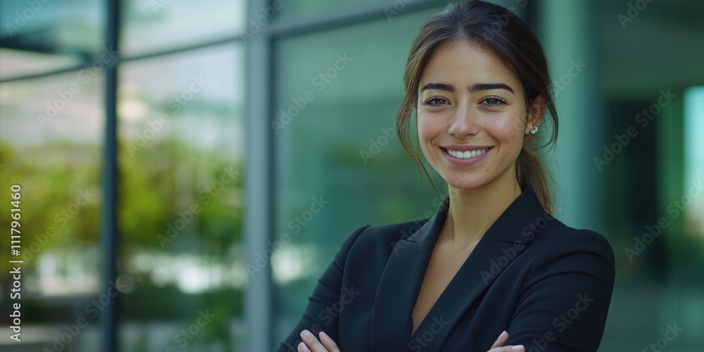 Smiling businesswoman in a stylish office environment, exuding confidence and professional success. Smiling businesswoman in a stylish office environment, exuding confidence and professional success.