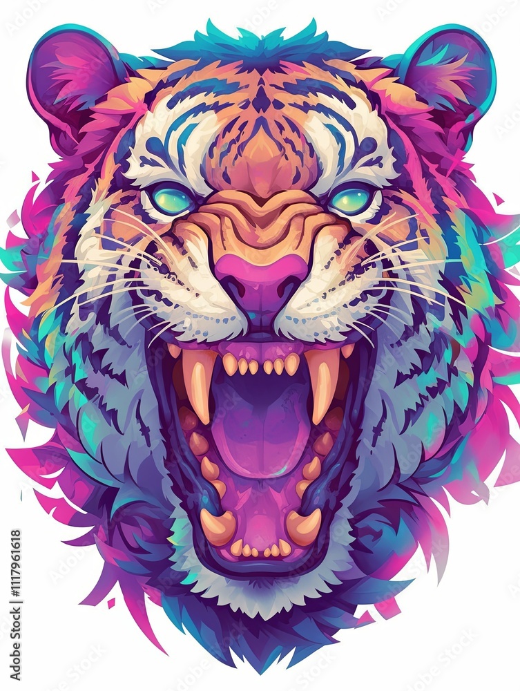 Fototapeta premium Vibrant illustration of a roaring tiger's head, featuring pastel rainbow colors and stylized fur.