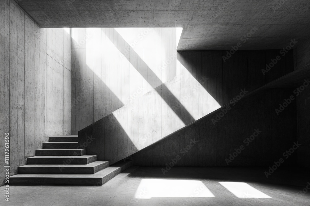 Fototapeta premium A minimalist concrete staircase bathed in dramatic natural light, casting bold shadows and creating a stark, modern visual masterpiece with architectural impact.