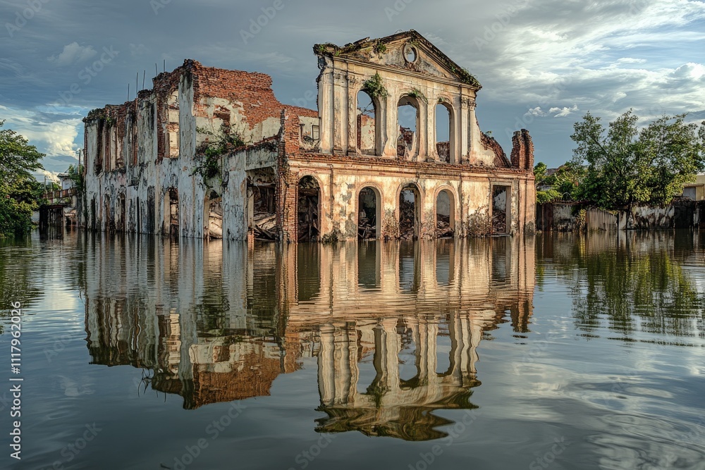Obraz premium A decayed, historic building sits partially submerged, its arches and columns mirrored in the calm waters surrounding it, evoking a sense of timeless erosion.
