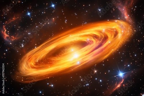 A striking disc-shaped orange galaxy spiraling in the night sky surrounded by stars, portraying the vastness and mysticism of the universe and space travel.