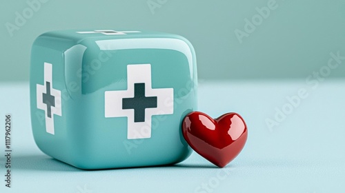 Symbolized by a cubic block and a heart on a gentle blue background, it represents the harmony between comprehensive health care and the ease of access to these essential services photo