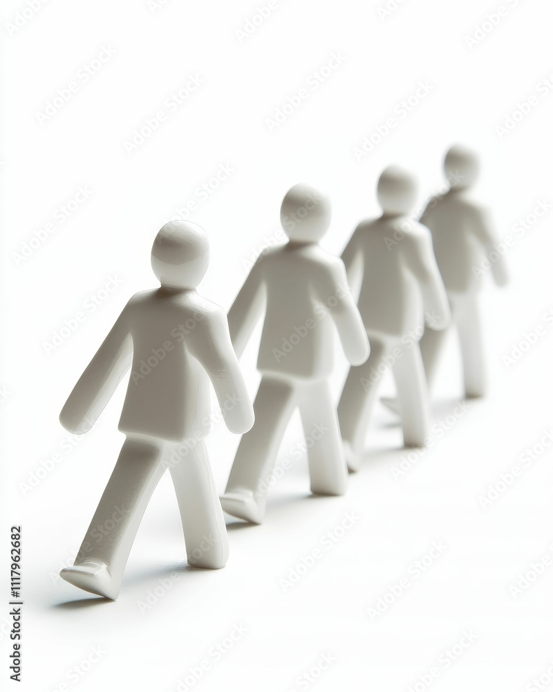 White figures walk in single file, following a leader. White figures walk in single file, following a leader.